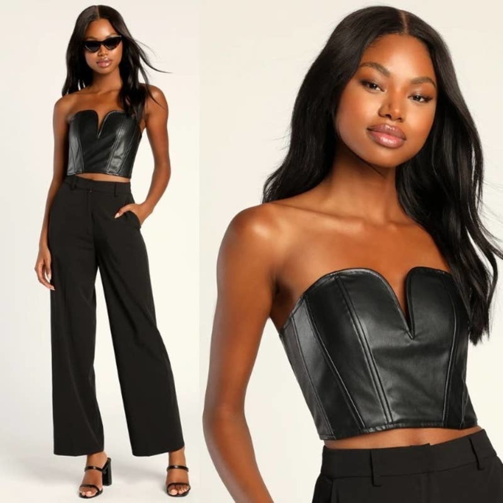 Lulus NWT Fierce Favorite Vegan Leather Strapless Bustier Crop Top Black Medium
